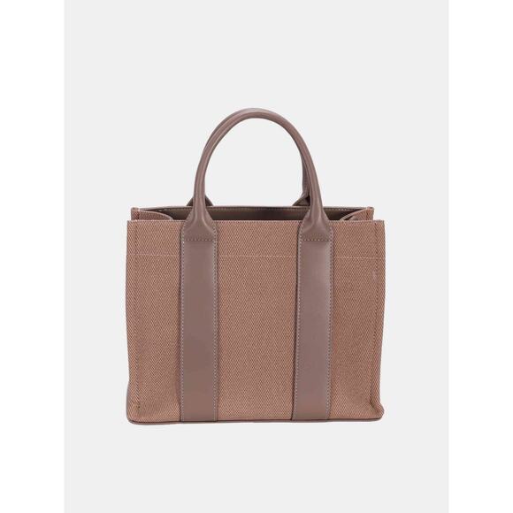 David Jones Contrast Leather Handles Zipper Closure Canvas Tote Handbag | Cocoa - Picture 3 of 5